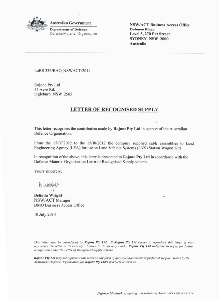 Letter of Recognised Supplier